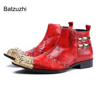 Batzuzhi/Модни Мъжки Обувки В западен Стил; Обувки с Нов Дизайн; Златни Къси Ботуши От Естествена Кожа, С Метална Бомбе и Червен Цвят; мъжки Вечерни Обувки с Цип; Botas Hombre