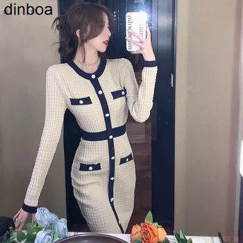 Dinoa-2022 Есенно-зимния Ново Удобно Изискан Модерен рокля с висока талия в контрастен цвят, Трикотажное Ежедневното Секси рокля
